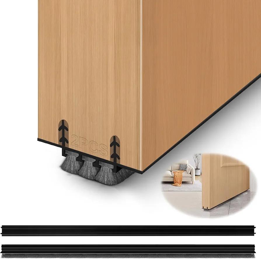 2 Pack Door Draft Stopper, Cuttable Concealed Kerf/Channel Fit Under Door Sweep, Draft Stopper Threshold Seal Bottom of Door Weatherstrip Kerf Weather Stripping Doors (Black, 39 inch)