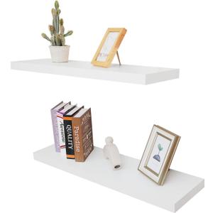 Floating Wall Shelf Set of 2, Wood Wall Decor Storage Shelf, Wall Mount Display Rack for Bedroom, Living Room, Bathroom, Kitchen, Office (White)