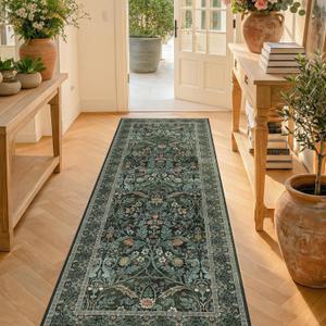 Dark Green 2x6 Washable Runner Rug Non Slip - Kitchen Hallway Runner 6ft - Floral Soft Thin Rug Non Skid for Bathroom Entryway, Vintage Low Pile Stain Resistant Floor Carpet