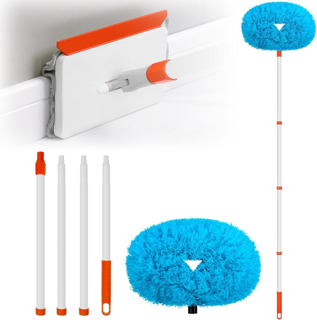 Baseboard Cleaner Tool with Handle, Extendable Long Handle Baseboard Cleaning Duster with Reusable Pads for Floorboard, Ceiling Fan Blade Cleaner Duster (Blue)