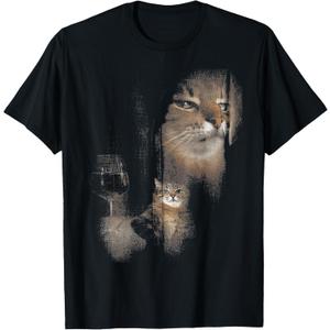 Funny Cat And Wine Art Print Short T-Shirt (Small, Black)