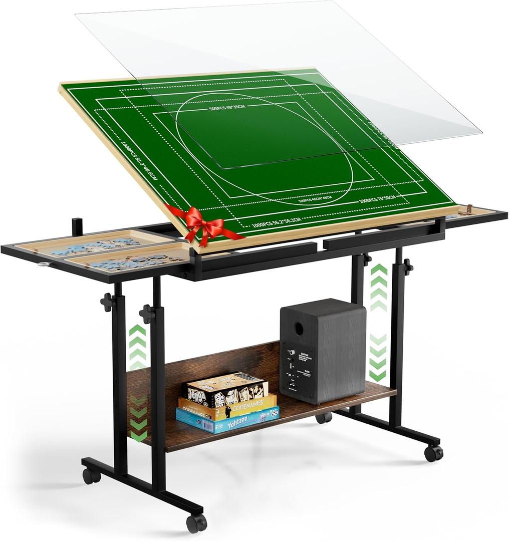 CODACE Puzzle Table with Drawers - Jigsaw Puzzles Table on Wheels for Adults, 1500 Pieces Tilting Puzzle Board with Cover, Adjustable Puzzles Tables with Legs and Storage Shelf, Puzzle Lover's Present