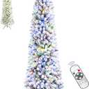 6.5FT Pre-lit Snow Flocked Pencil Christmas Tree with Remote Control, 250 Warm White Multi-Color Lights, Hinged Slim Skinny Spruce for Home, Office, Holiday Party Decoration Dual Color LED, Branch (Green Sonw)
