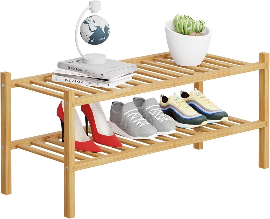 2 Tier Bamboo Shoe Rack Storage Organizer for Closet, Multifunctional Stackable Free Standing Shoe Shelf Organizer for Small Space,Entryway,Hallway,Bathroom 27"x11"x13"(Natural, 2 Tier)