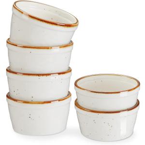 ONEMORE Ramekins 4 oz, Oven Safe Creme Brulee Ramekin Set of 6 for Baking, Speckled Ceramic Souffle Dishes with Brown Rim for Pudding Ice Cream, Porcelain Custard Cups Mini Bowls - Creamy White