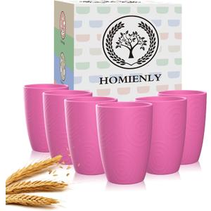 Homienly Wheat Straw Cups 6 PCS Alternative Plastic Cups Reusable Pink Cups Unbreakable Drinking Cup Dishwasher Safe Drinking Glasses Cups for Kitchen, Kids (Pink,12 OZ)