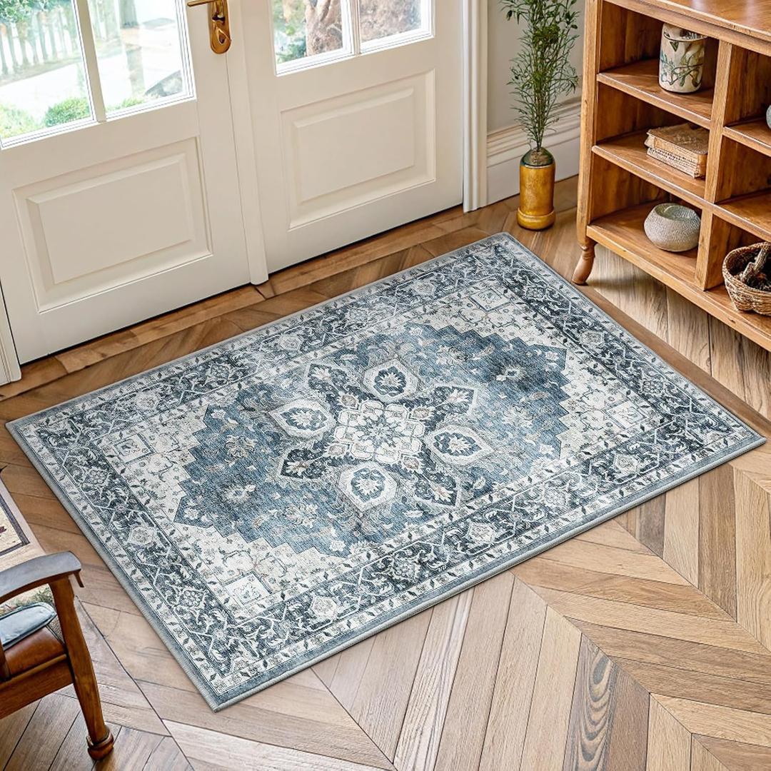 AMADA HOMEFURNISHING 2x3 Washable Area Rug, Low-Profile Entryway Rug with Non-Slip Backing & Durable Edge Binding, Vintage Rug Pattern, Small Rugs for Entryway, Kitchen & Living Room (Blue)