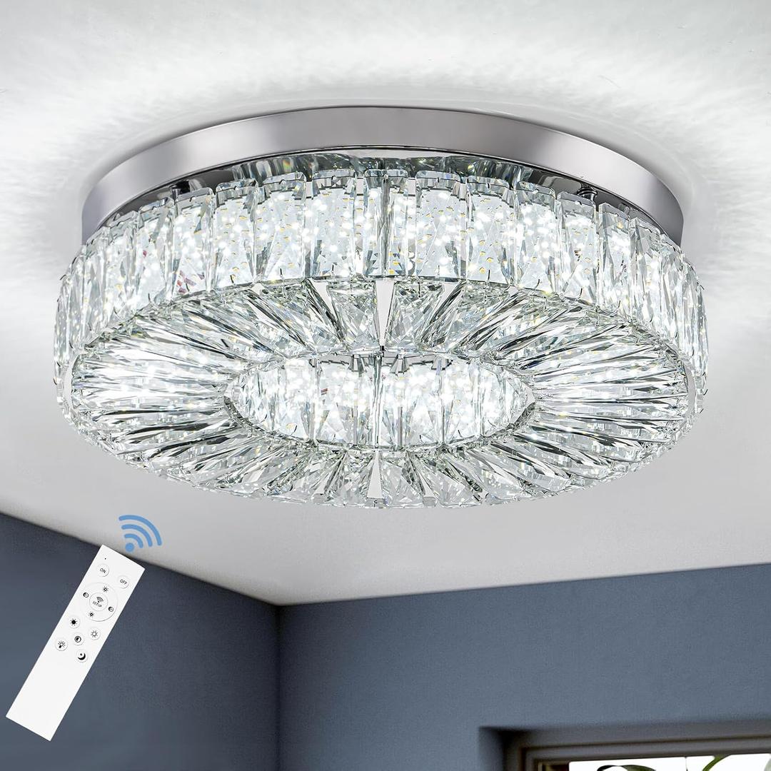 16.5 Inch Dimmable Chandelier with Remote Control LED Crystal Chandelier Modern Flush Mount Ceiling Light Fixtures for Living Room Bedroom Dining Room Entrance (dimmable-16.5")