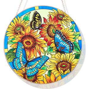 Hand-Painted Sunflower & Butterfly Stained Glass Suncatcher, 6.3'' Round Window Hanging, Ripple-Textured Bird Safe Glass, Gift for Mom Grandma, Decor for Kitchen Living Room Porch Patio