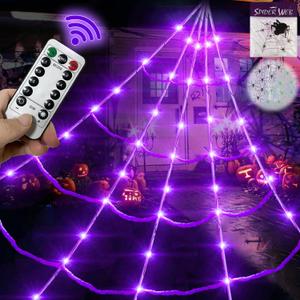 20*17FT Halloween Spider Web 150 Led Purple Lights Light Up Lighted Triangular Giant Battery Operated Waterproof with 200sqft Cobweb and 20 Small Spiders for Indoor and Outdoor Decor Yard Decoration