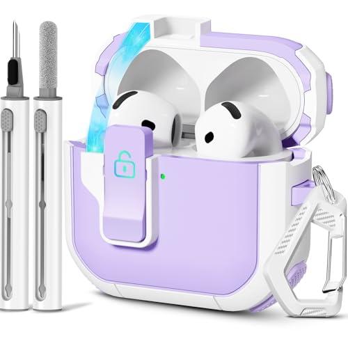with Safety Lock for AirPods 4th Generation Case 2024, Unique Cute Kawaii Purple AirPod 4 Case with Cleaning Kit and Keychain, iPod 4 Case for Women Girls Kids - Purple