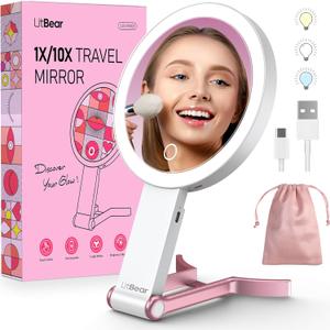 LitBear Travel Makeup Mirror with Lights, Rechargeable Double-Sided 10X/1X Magnifying Mirror, Portable Lighted Beauty Mirror, 3 Color Lighting, Dimmable Touch Screen, Tabletop Handhold Hanging (White) (Rose Gold)