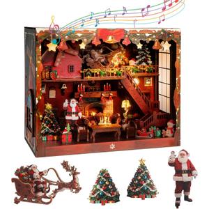 DIY Miniature House, LED Lighting Book Nook Kit Dollhouse Kit,Music Box Dollhouse, 3D Wooden Puzzle with Dust Cover,Gifts for Family, Friends,Christmas(Christmas Carnival)
