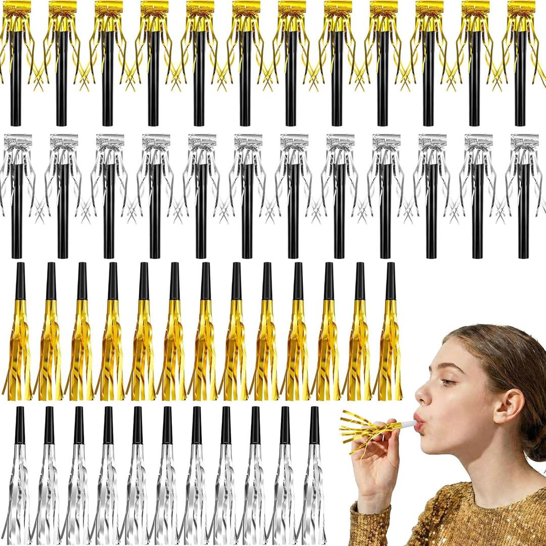 Skylety 48 Pcs Noise Makers Glitter Noise Makers Metallic Fringed Party Blowers Noisemakers Horns for Adults Birthday Graduation Sporting Events 2026 New Years Party Favor Supplies (Gold Silver)