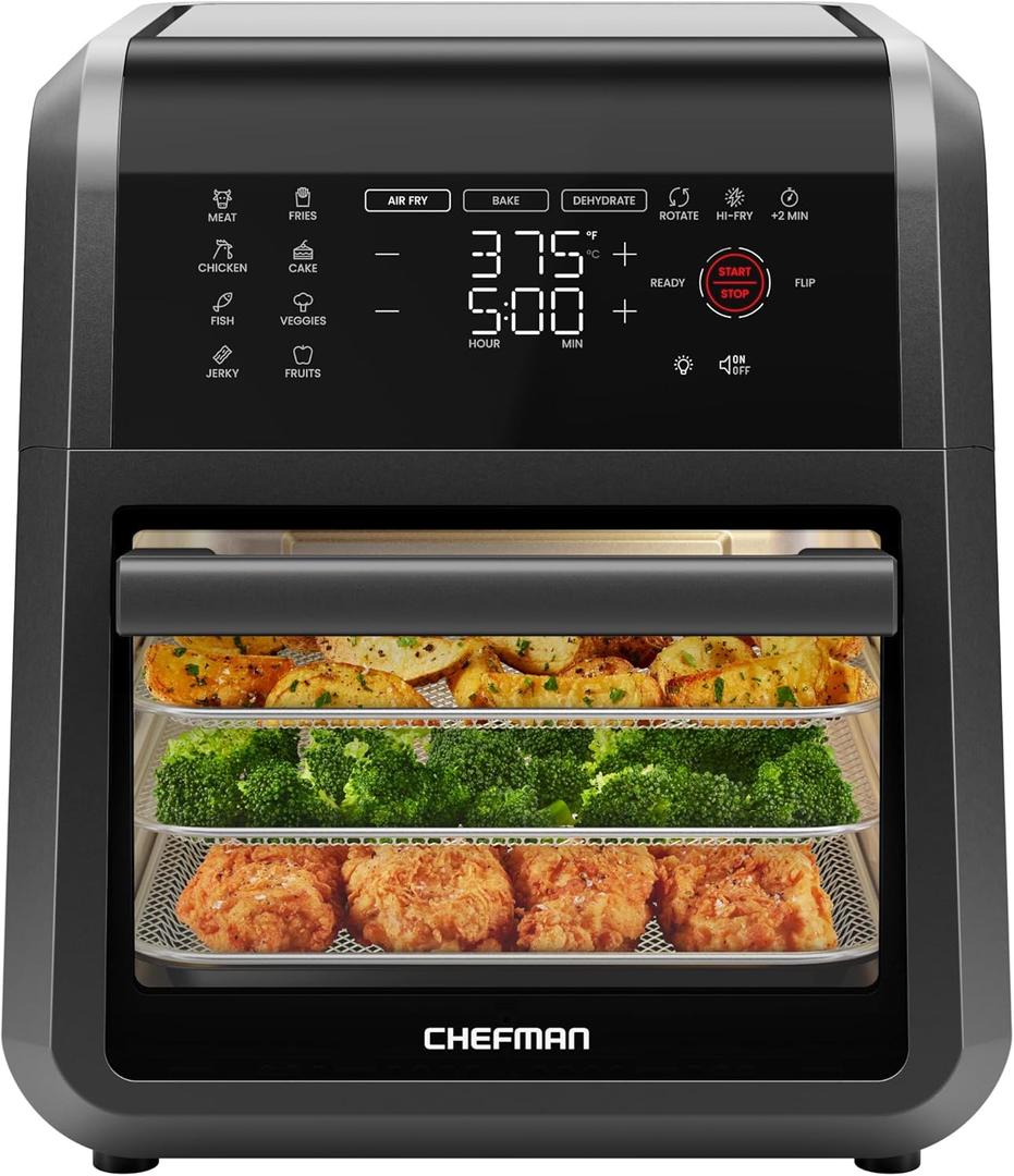 Chefman 12-Quart 6-in-1 Air Fryer Oven with Digital Timer, Touchscreen, and 12 Presets - Family Size Countertop Convection Oven, Dishwasher-Safe Parts (Black)