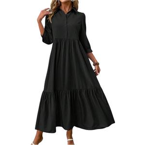 SOLY HUX Women's Half Button Collar 3/4 Sleeve Shirt Dress Ruffle Hem Casual Loose Long Dresses (Small, Plain Black)