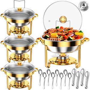 Round Chafing Dishes for Buffet 5 Qt, High Grade Chafing Dish Buffet Set with Glass Lid & Lid Holder, Full Size Pan, Food Warmers for Parties, Buffet, Wedding, Birthday 4 Pack (Gold)