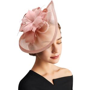 DRESHOW Women Fascinator Hats Tea Party Hat Vintage Pillbox Hat Headband for Cocktail (1 Pc: Light Pink Feather Flower)