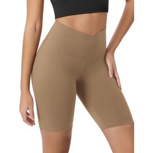 ODODOS Women's Crossover Yoga Shorts with Back Pocket, 8" Buttery Soft V High Waist Lounge Biker Shorts, Light Brown, Large (L)