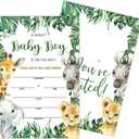 7 x Baby Shower Invitations for boy, Jungle Animals Fill In Invites Cards wih Envelopes, Wooden, Set of 25. (Green2)