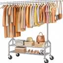 Tajsoon Clothes Rack Load 350 LBS, Clothing Rack with Double Layer Shelves, Metal Heavy Duty Garment Rack, Adjustable Length and Height, Portable Rolling Rack with Sturdy Wheel, Chrome