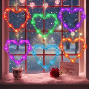 Huquary 6 Pcs Valentine's Day Window Lights Heart Suction Cup Light LED Window Decor Light 6.3 Inch Color Hanging Heart Shaped Suitable for Wedding Anniversary Home Party Decorations Table (6 Colors) (orange, blue, purple, green, pink, red)