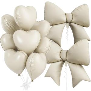 Cream Heart Balloons, Cream Bow Balloons, 10Pcs 18 Inch Heart Shaped Balloon and 38 Inch Helium Bow Balloon for Girls Boys Birthday Baby Shower Wedding Valentine's Day Proposal Party Decor