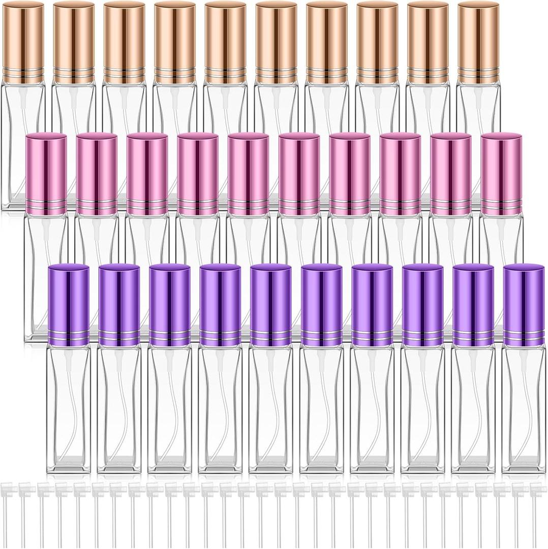 Domensi 30 Pcs 10 ml Empty Glass Perfume Bottles Bulk - Pink,Purple,Rose Gold Refillable Cologne Spray Atomizer with Pump, for Travel, Skincare, Haircare, Cleaning & DIY Essentials