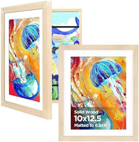 KINLINK 10x12.5 Kids Art Frame Set of 2, Solid Wood Artwork Frame Changeable With Acrylic Front Opening, Holds 150 Pictures, With or Without Mat, Natural