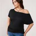 Women's Plus Size Off Shoulder Tops Short Sleeve Asymmetric Neck Ruched Casual T-Shirts (XL)