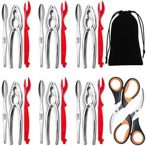 Artcome 15 Piece Seafood Tools Set - 6 Crab Crackers, 1 Lobster Shellers, 6 Wide Crab Forks, 2 Seafood Scissors and 1 Storage Bag Red Chrome