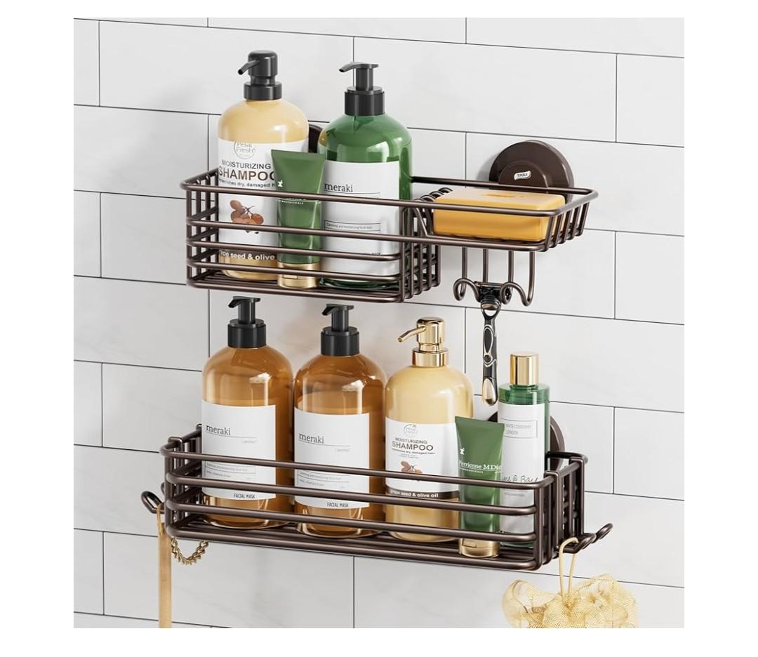 TAILI Shower Caddy Suction Cup 2 Pack with Hooks & Soap holder, Heavy Duty Shower Organizer for Bathroom, No Drilling Bathroom Organizer with Large Capacity, Brown Metal Storage B