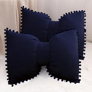 14x20 Decorative Throw Pillow Covers with Pom Poms Bow Velvet Pillow Cases for Room Bed Sofa Couch Navy Blue x2