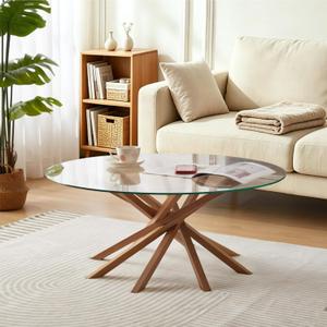Round Glass Coffee Table-Mid Century Modern Solid Wood Coffee Table | Unique Glass Top&Solid Wood Mortise Interlocking Starburst Legs Design for Living Room,Office,Hotel Lobby