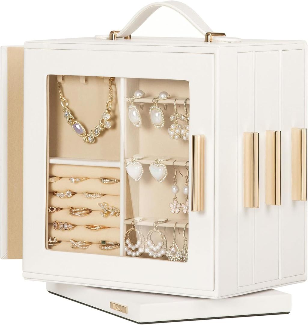 Homde Jewelry Box 360 Rotating, Necklace Earring Organizer with Transparent Window, Mirror, 7 Drawers, Large Ring Display Storage Case for Girls Women (White)