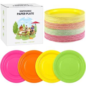 150 Pieces Neon Disposable Paper Plates 9 Inch Heavy Duty Dinner Plates, Solid Color, Table Decorations Party Supplies for Birthdays, Weddings, Daily Use
