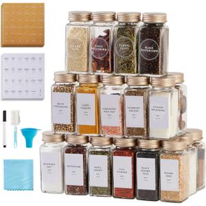 36 Pcs Spice Jars with Label- Glass Spice Jars with Gold Metal Caps, Shaker Lids, Funnel, Chalk Pen, Brush, Cleaning Cloth, Skiileor 4 Oz Seasoning Containers Bottles for Spice Rack, Cabinet, Drawer