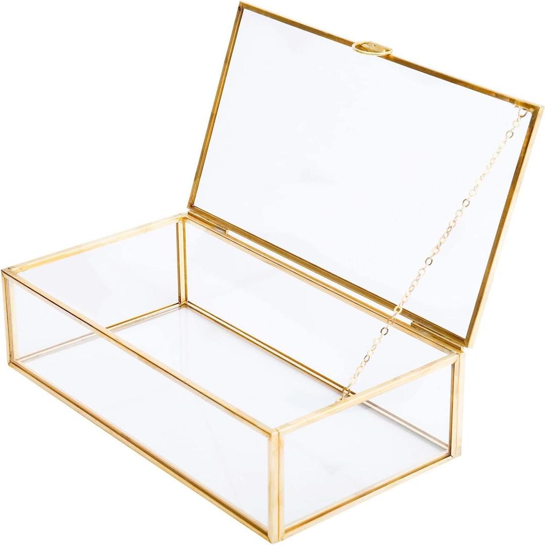 Golden Vintage Glass Lidded Box Edge Bracelet Keepsake Decorative Jewelry Display Personalized Large Clear Rectangle Box Rings Bracelet Golden Organizer Home Decor (8x4.5x2in)