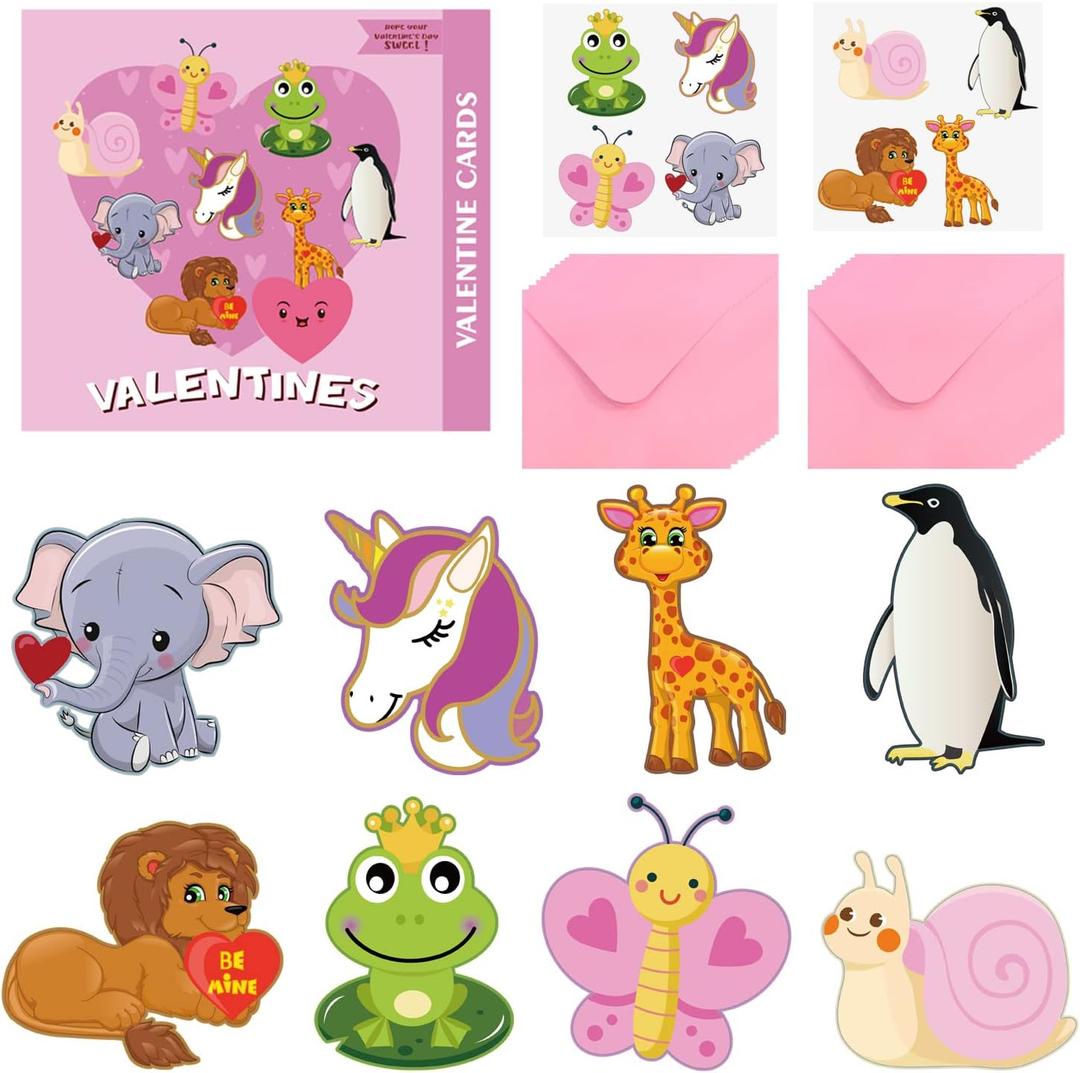 JIALWEN Valentines Day Cards for Kids 96 Pack with 32 Kids Animal Theme Valentine Cards, 32 Pink Gift Envelopes, 32 Animal Stickers Kids Valentines Day Cards School Classroom Party Exchange Gifts