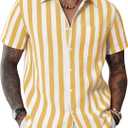 J.VER Men's Linen Shirts Short Sleeve Casual Striped Button Down Shirt for Summer Beach Yoga (White, XXXL)