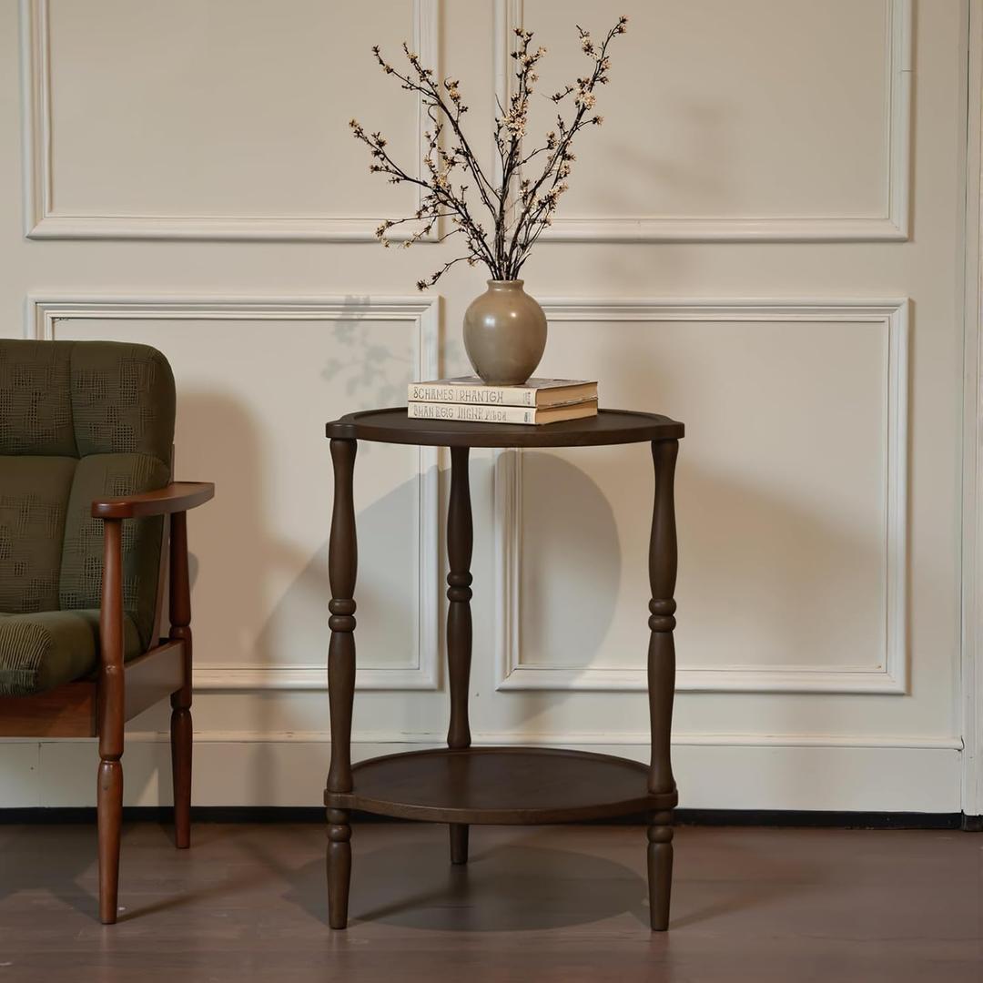 Accent Wood End Table, 2-Tier Round Bedside Table, Natural Side Table Nightstand for Family, Bedroom, Living Room, Handcrafted Finish, Walnut (16.5 inch)