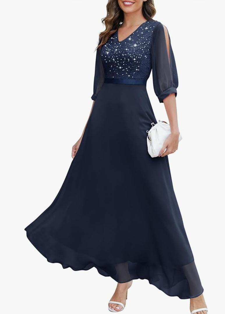 Wedtrend Women's Sequin Dresses Sparkly Glitter Dress Split Sleeves Formal Dresses Maxi Evening Dress Size M