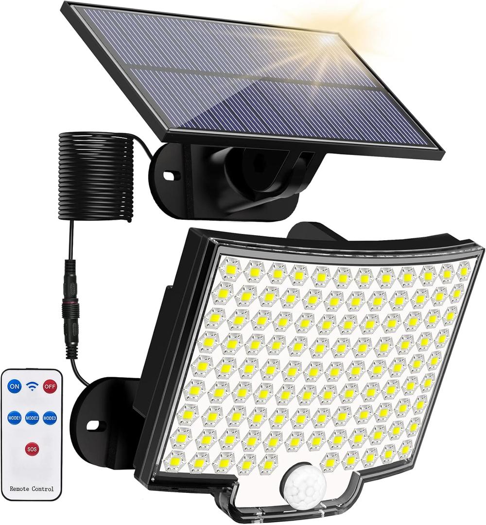 Solar Lights Outdoor, 106 LED 3000LM Solar Powered Motion Sensor Flood Lights with Remote, Dusk to Dawn Led Solar Security Wall Lights with 16.5Ft Cable IP65 Waterproof for Outside, Garage, 1 Pack