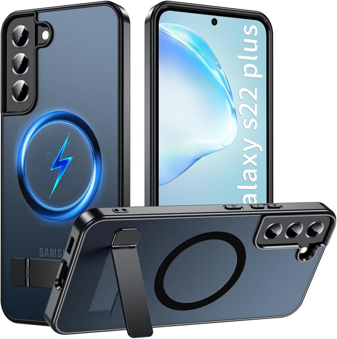 OWKEY Magnetic for Samsung Galaxy S22+ Plus Phone Case with Adjustable Stand, Galaxy S22+ Plus Case [Shockproof Military Grade Drop Protection] Translucent Matte Back Samsung S22 Plus Case, Black