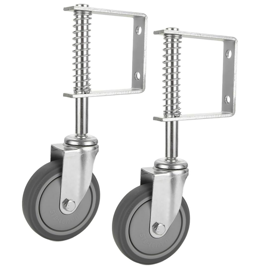 2PCS 4” Spring Loaded Gate Caster, Heavy Duty 250-500 lbs Load Capacity Gate Caster Wheel with Spring Loaded, Universal Mount Pate Gate Caster, 4 Inches Rubber Wheel