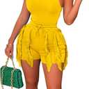 Aladeno Women 2 Piece Outfits Shorts Sets Sexy Solid Sleeveless Tops Fringe Tassel Shorts Jumpsuits Sweatsuit Clubwear (Large, Yellow)