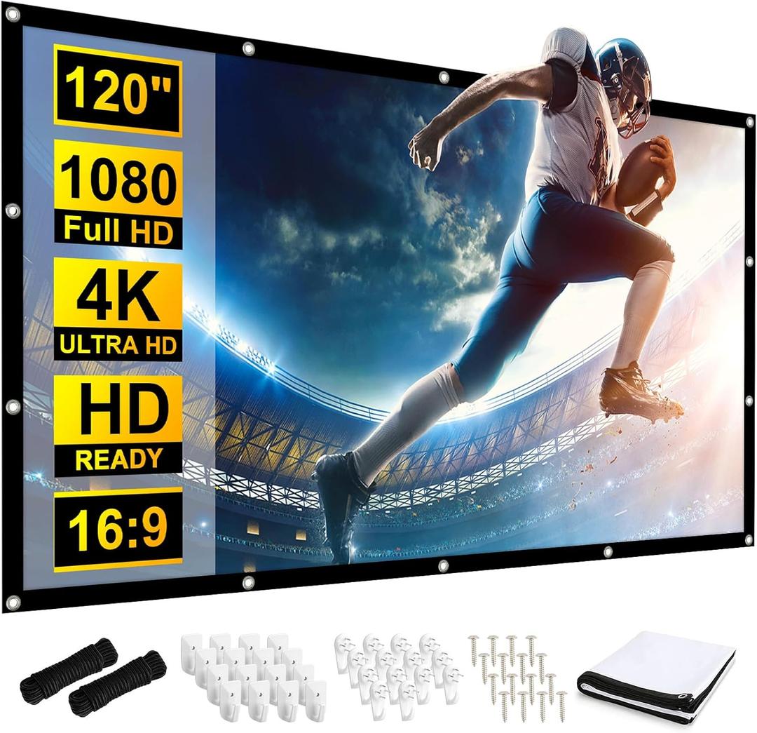 Azzuro 120 inch Projector Screen, Double Sided Washable Outdoor Projection Screens, 16:9 Foldable Anti-Crease Portable Projection Movies Screen for Camping Party, Home Theater, Office