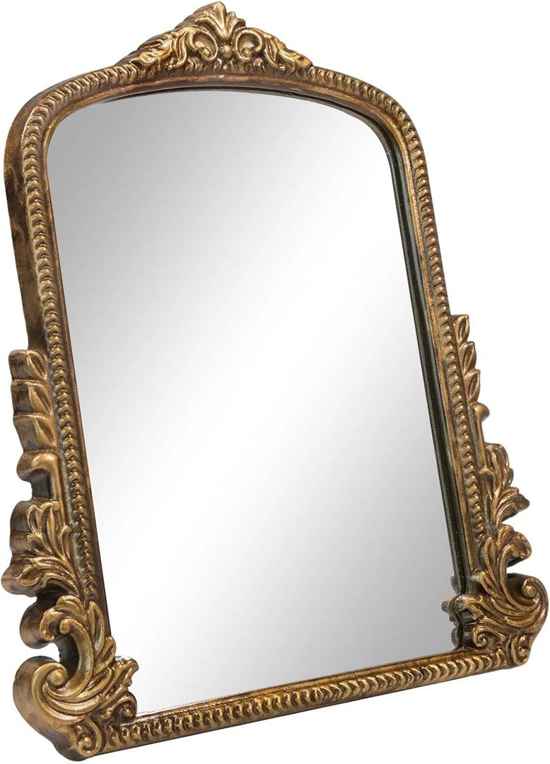 Vintage Gold Makeup Desk Mirror, Antique Traditional Vanity Table Mirror, Small Carved Arched Standing Mirrors, Adjustable Dress-up Mirrors for Tabletop, Standing or Hang, 11.8" L x 9.6" W