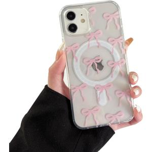 Compatible with iPhone 11 Case,Cute Pink Bow Pattern (Compatible with MagSafe),Clear Soft TPU and Hard PC Shockproof Protective Cases for iPhone 11 - Pink