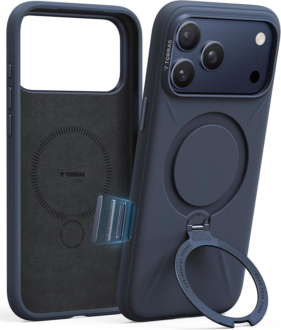 TORRAS Q3 Silicone 360 Spin for iPhone 17 Pro Case with Stand, Fit for MagSafe, Magnetic Ring Kickstand with Camera Control, Liquid Silicone Rubber Soft Phone Case for iPhone 17 Pro 6.3'', Deep Blue